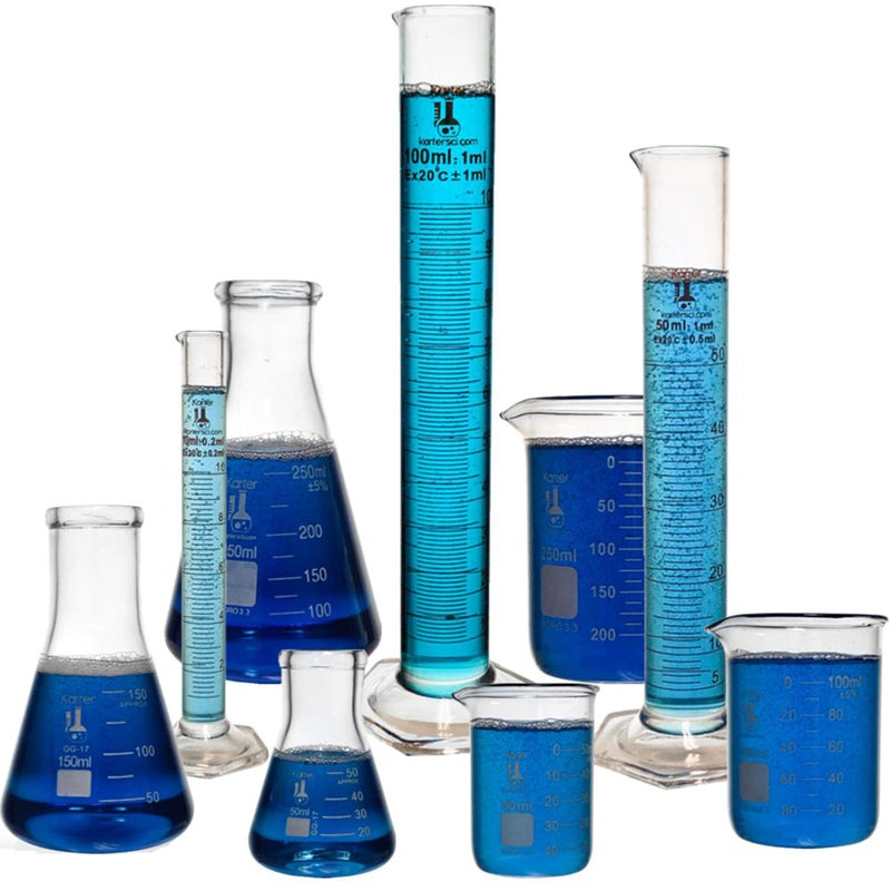 Karter Scientific Beaker, Flask, Cylinder Set, 3.3 Boro. Glass - 9 Pieces - Beaker Set, Flask Set, and Graduated Cylinder Set, Karter Scientific 233N2 - Image 1